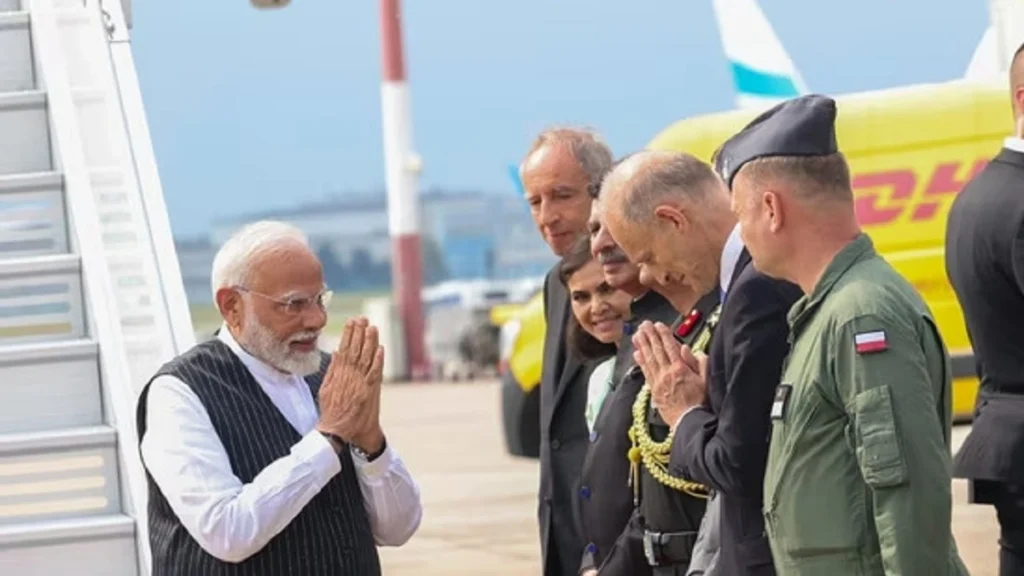 Man standing before a microphone, resembling a public speaking engagement by Narendra Modi, showcasing leadership and eloquence